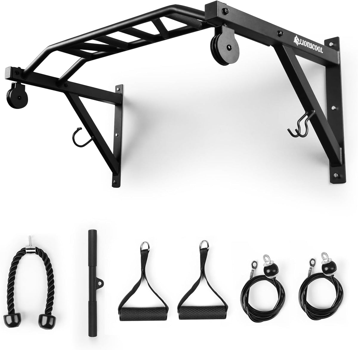 LIONSCOOL Multi-Grip Wall Mounted Pull Up Bar with Pulley System LIONSCOOL