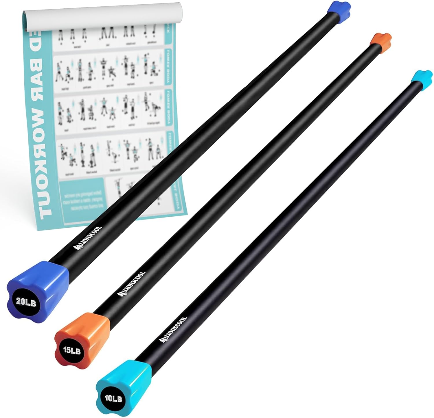 LIONSCOOL Workout Weighted Bar,Padded Exercise Weight Bar, Solid Steel Stretching weighted bar set for Body Sculpting, Physical Therapy,Body Toning(10+15+20LB) LIONSCOOL