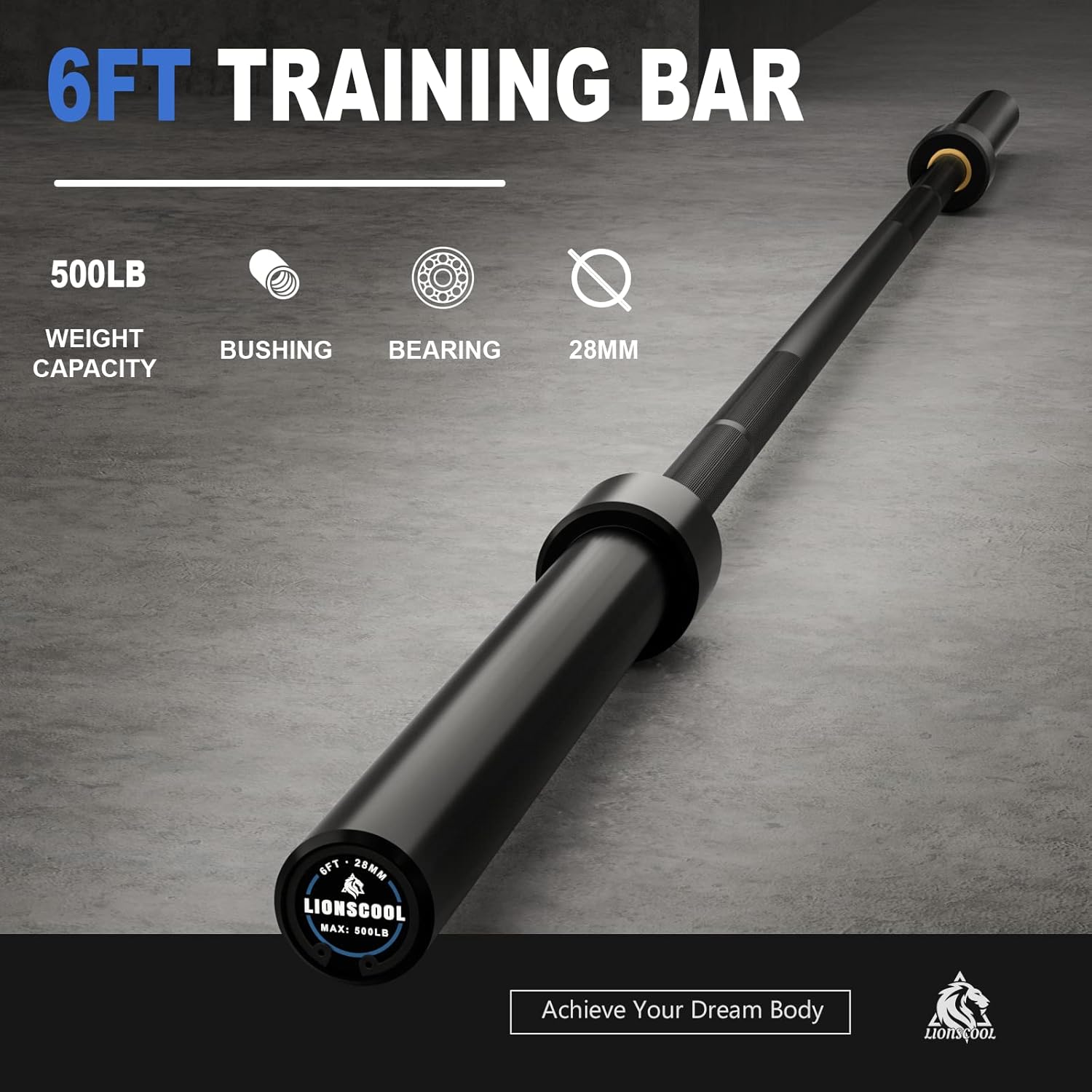 LIONSCOOL 6ft Olympic Barbell - 2 Inch Bar for Squats, 700LBS Weight Capacity LIONSCOOL