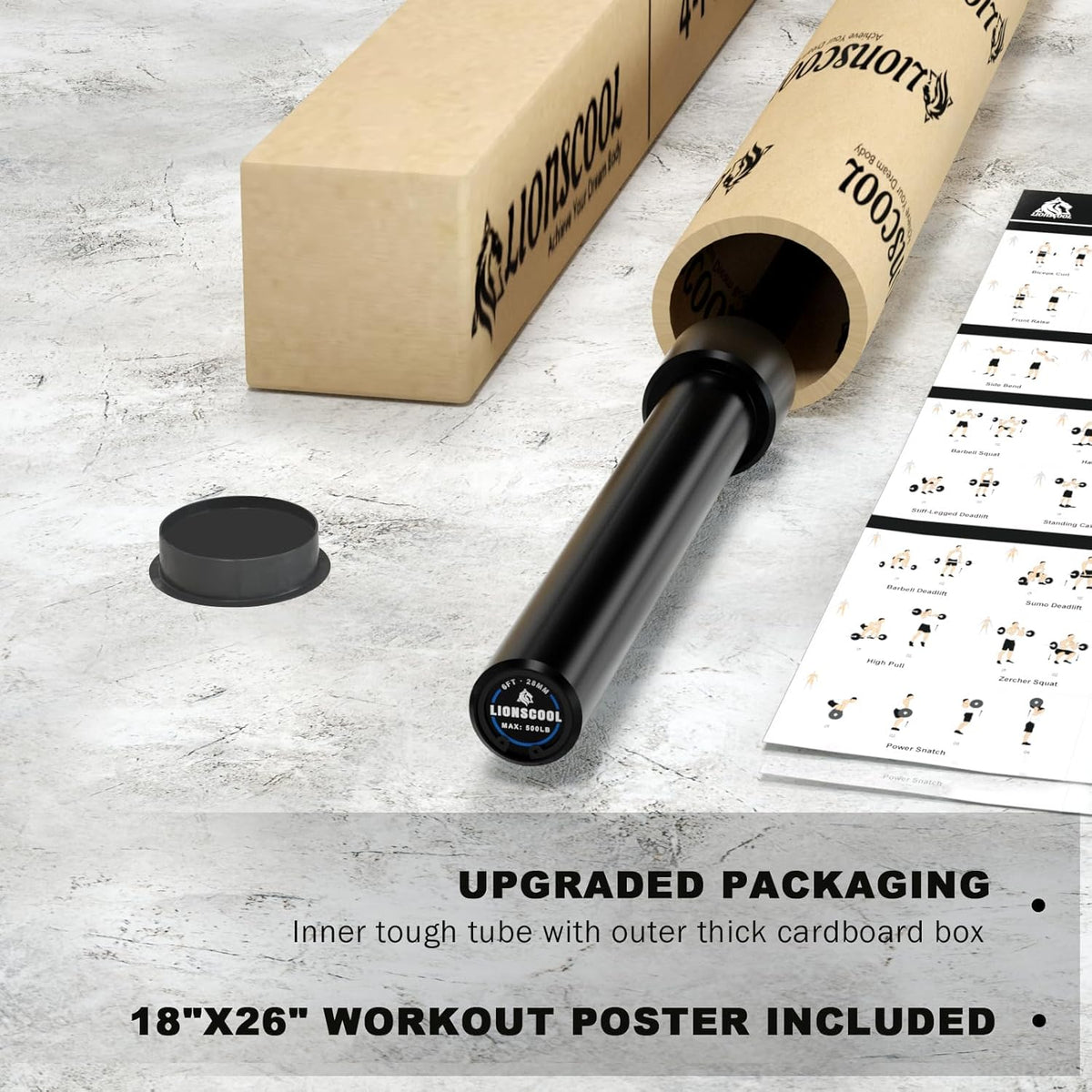 LIONSCOOL 6ft Olympic Barbell - 2 Inch Bar for Squats, 700LBS Weight Capacity LIONSCOOL
