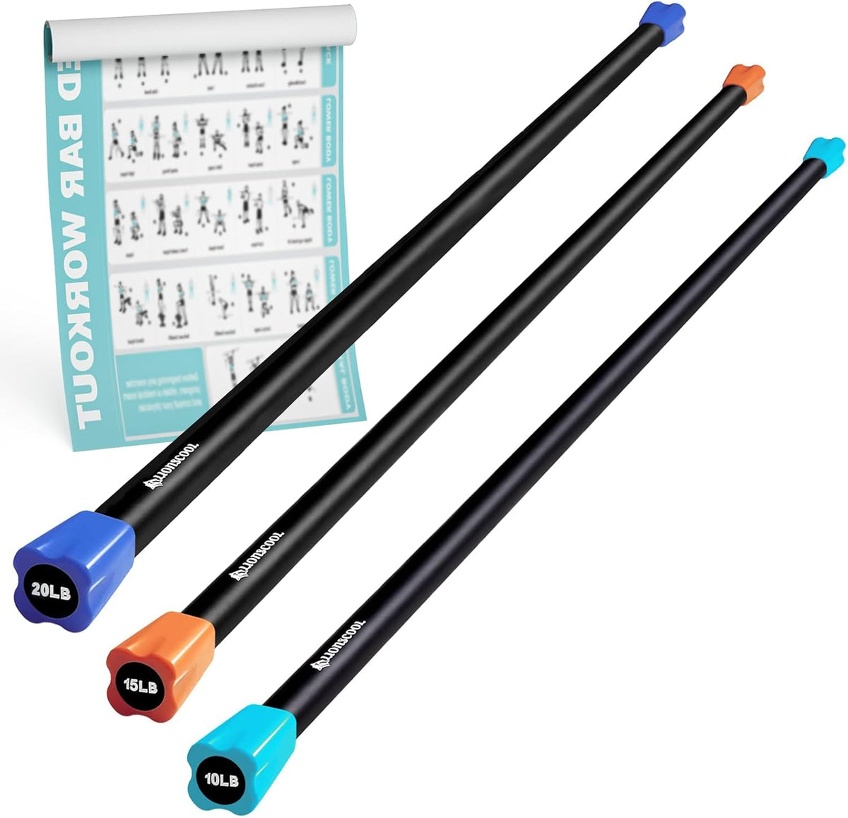 LIONSCOOL Workout Weighted Bar,Padded Exercise Weight Bar, Solid Steel Stretching weighted bar set for Body Sculpting, Physical Therapy,Body Toning(10+15+20LB) LIONSCOOL