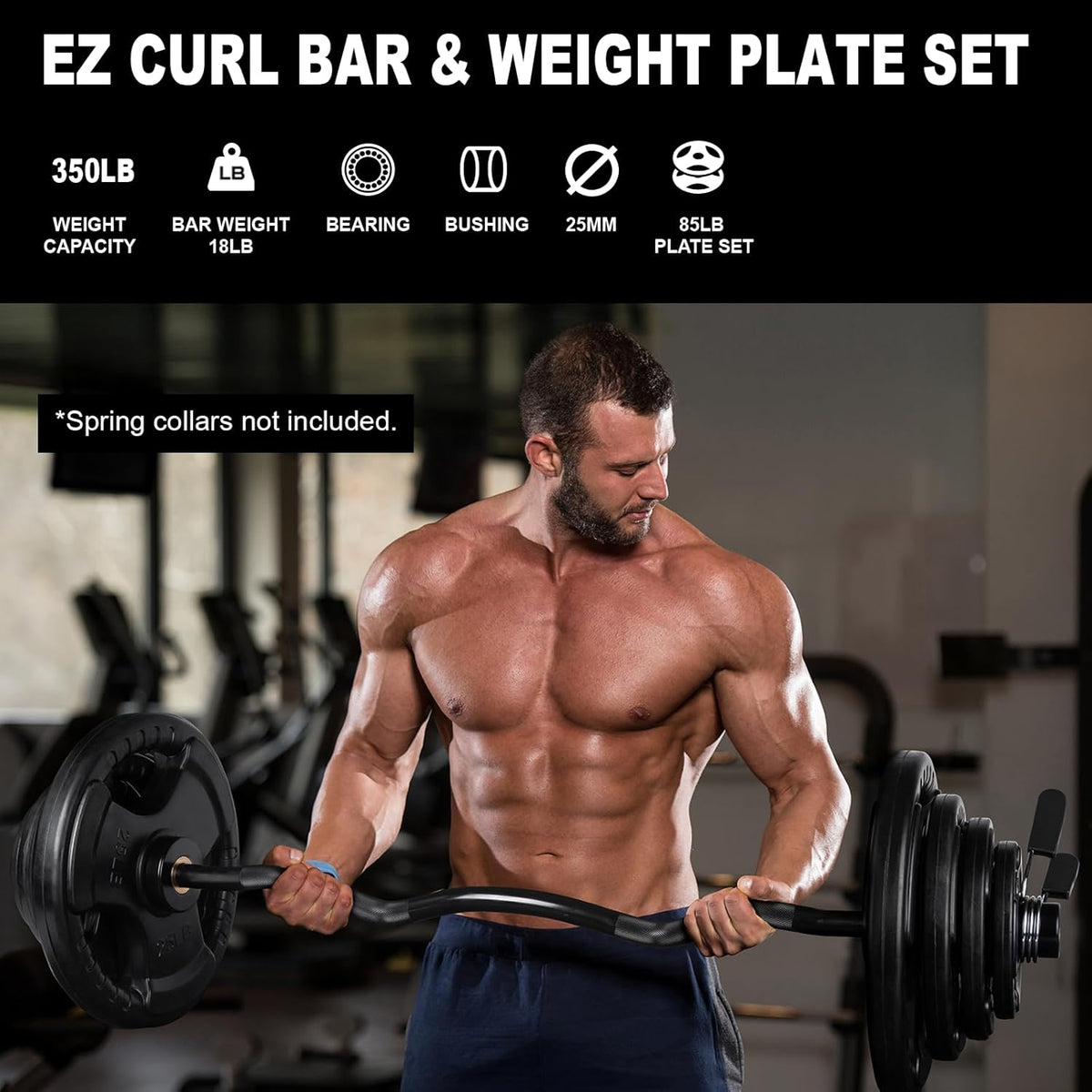 LIONSCOOL Curl bar for Strength Training and Olympic Weightlifting, 2 Inch Bar for Squats, Curls, Deadlifts, Presses, Hip Thrusts, 350LBS Weight Capacity Available(EZ Bar+85LB grip weight plates) LIONSCOOL