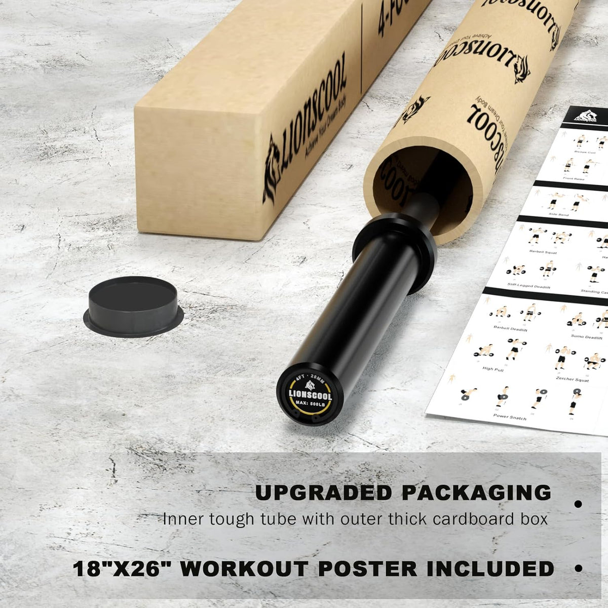 LIONSCOOL Premium 4ft Barbell for Strength Training and Olympic Weightlifting, 2 Inch Bar for Squats, Curls, Deadlifts, Presses, Hip Thrusts, 500LBS Weight Capacity Available LIONSCOOL