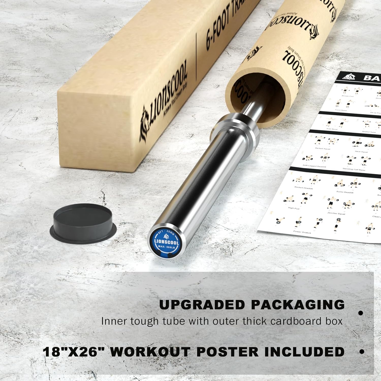 LIONSCOOL 6ft Olympic Barbell - 2 Inch Bar for Squats, 700LBS Weight Capacity LIONSCOOL