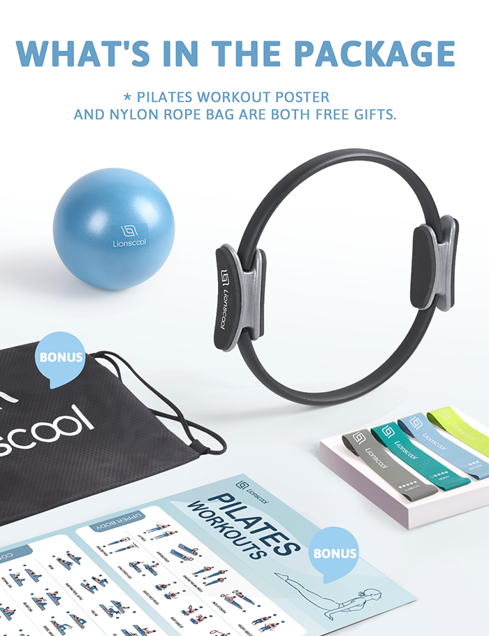 LIONSCOOL Pilates Ring Set - Premium Anti-Deformation 14”Magic Circle with Dual Padded Handles - Includes Burst Resistant Pilates Mini Ball & Highly Elastic Resistance Bands & Workout Guide & Bag LIONSCOOL