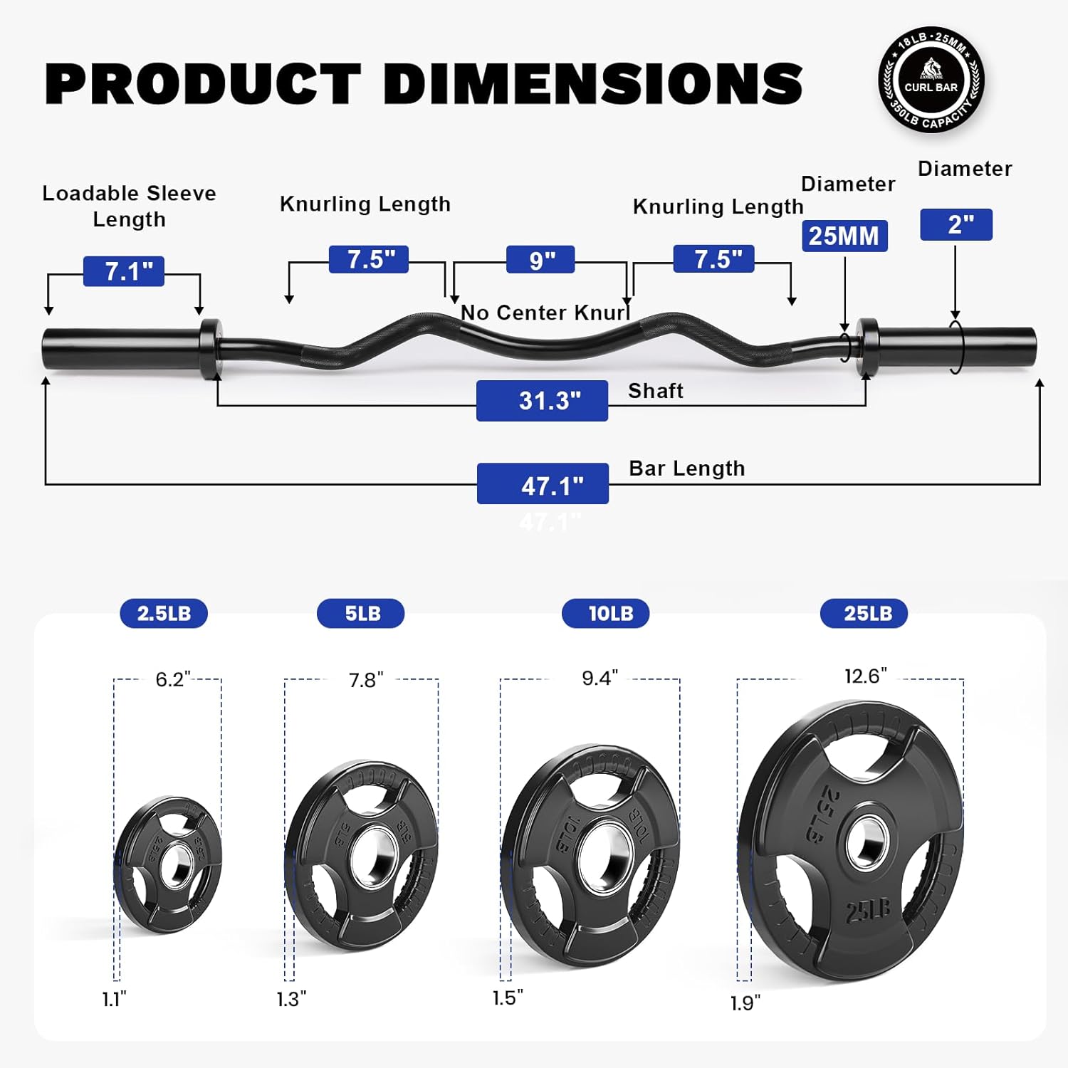LIONSCOOL Curl bar for Strength Training and Olympic Weightlifting, 2 Inch Bar for Squats, Curls, Deadlifts, Presses, Hip Thrusts, 350LBS Weight Capacity Available(EZ Bar+85LB grip weight plates) LIONSCOOL
